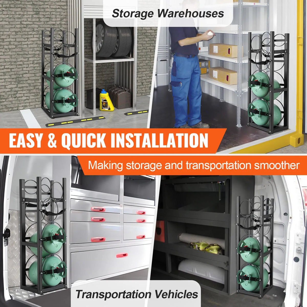 Gas Cylinder Rack for 2 × 13.6 kg Cylinders and 3 Smaller Tanks, 325 × 330 × 1196 mm, Suitable for Freon, Oxygen and Nitrogen