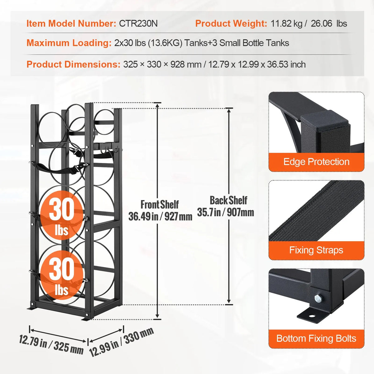 Gas Cylinder Rack for 2 × 13.6 kg Cylinders and 3 Smaller Tanks, 325 × 330 × 1196 mm, Suitable for Freon, Oxygen and Nitrogen