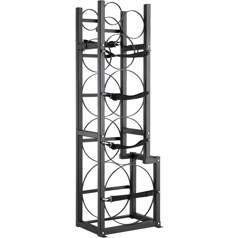 Gāzes konteineru plaukts, ar ietilpību 1 × 22,7 kg, 2 × 13,6 kg un 3 mazi baloni, 39,5 × 33 × 126,5 cm, uzglabāšanai un transportēšanai (Freons, skābeklis, slāpeklis u.c.)