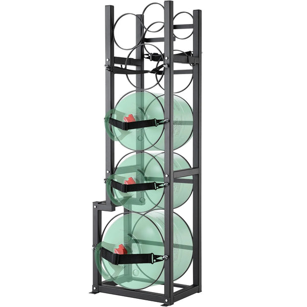 Gāzes konteineru plaukts, ar ietilpību 1 × 22,7 kg, 2 × 13,6 kg un 3 mazi baloni, 39,5 × 33 × 126,5 cm, uzglabāšanai un transportēšanai (Freons, skābeklis, slāpeklis u.c.)