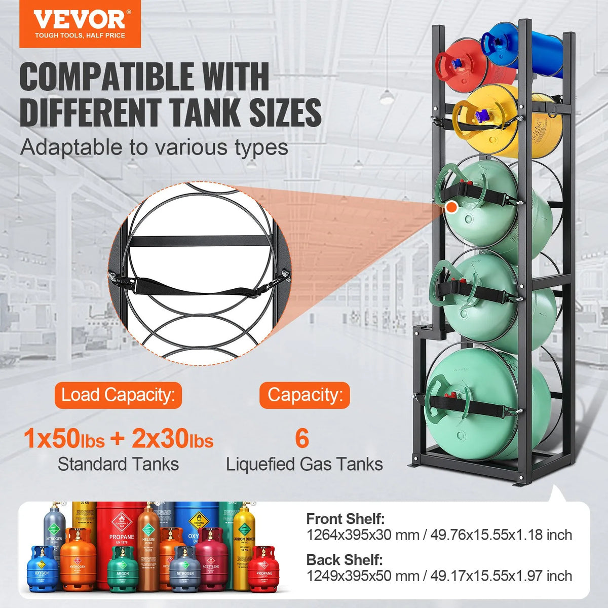 Gas cylinder rack, capacity for 1 × 22.7 kg, 2 × 13.6 kg and 3 small cylinders, 39.5 × 33 × 126.5 cm, for storage and transport (Freon, oxygen, nitrogen etc.)