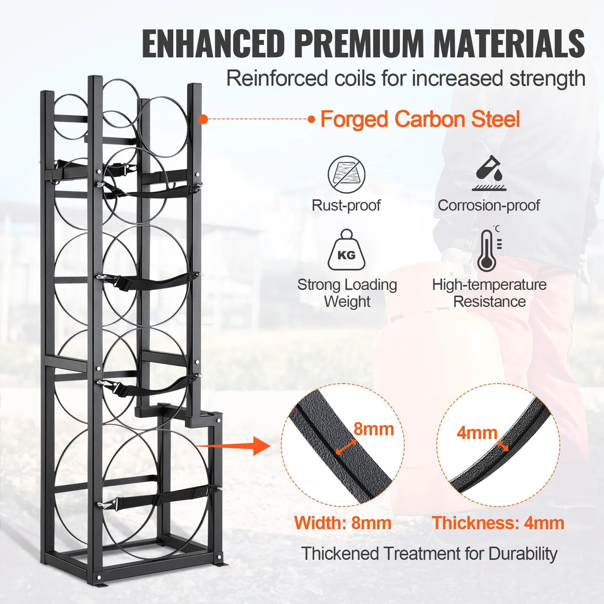 Gas cylinder rack, capacity for 1 × 22.7 kg, 2 × 13.6 kg and 3 small cylinders, 39.5 × 33 × 126.5 cm, for storage and transport (Freon, oxygen, nitrogen etc.)