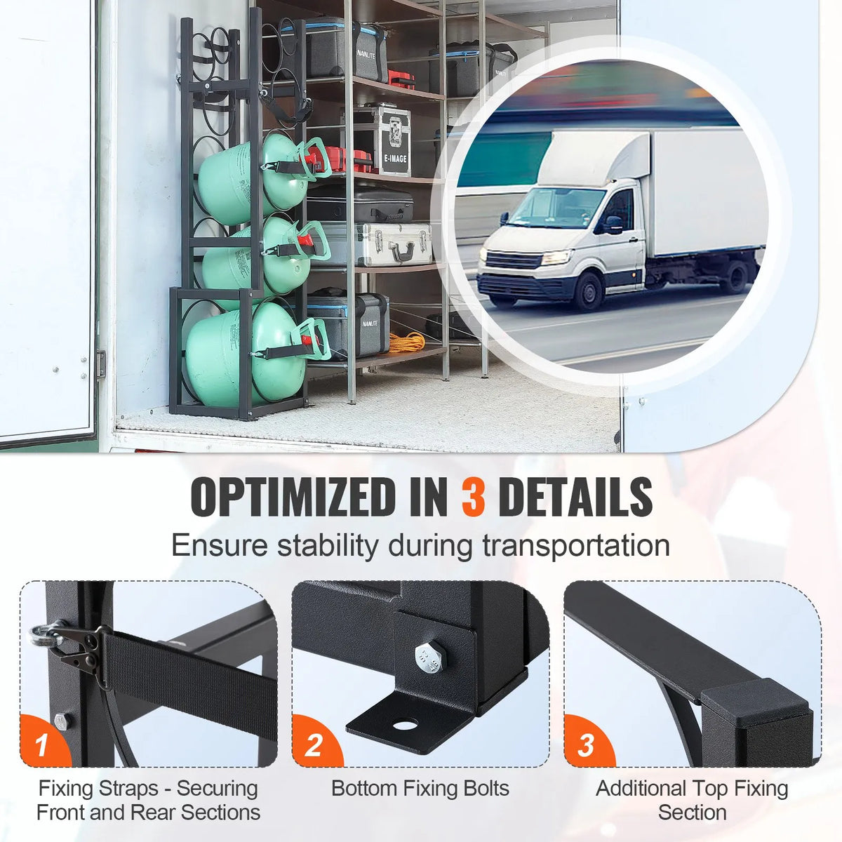 Gas cylinder rack, capacity for 1 × 22.7 kg, 2 × 13.6 kg and 3 small cylinders, 39.5 × 33 × 126.5 cm, for storage and transport (Freon, oxygen, nitrogen etc.)