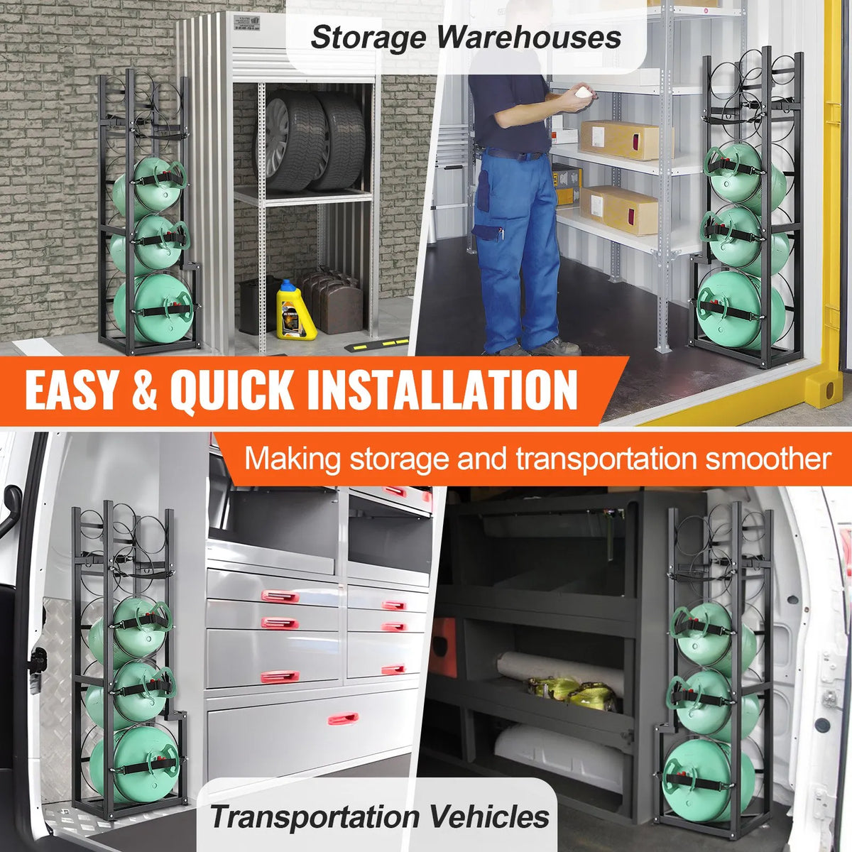 Gas cylinder rack, capacity for 1 × 22.7 kg, 2 × 13.6 kg and 3 small cylinders, 39.5 × 33 × 126.5 cm, for storage and transport (Freon, oxygen, nitrogen etc.)