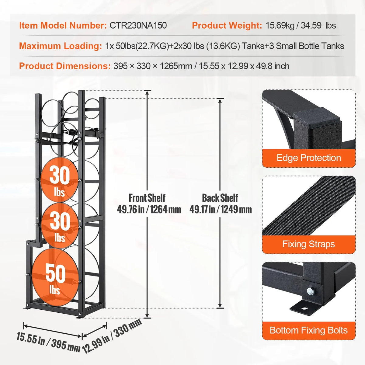 Gas cylinder rack, capacity for 1 × 22.7 kg, 2 × 13.6 kg and 3 small cylinders, 39.5 × 33 × 126.5 cm, for storage and transport (Freon, oxygen, nitrogen etc.)