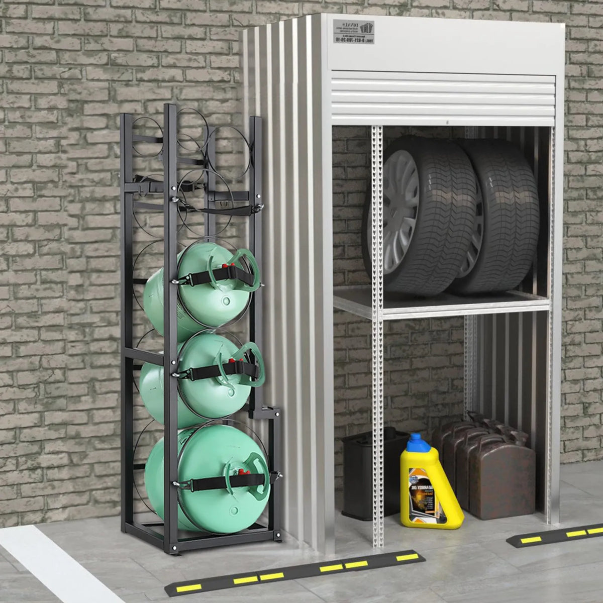 Gas cylinder rack, capacity for 1 × 22.7 kg, 2 × 13.6 kg and 3 small cylinders, 39.5 × 33 × 126.5 cm, for storage and transport (Freon, oxygen, nitrogen etc.)