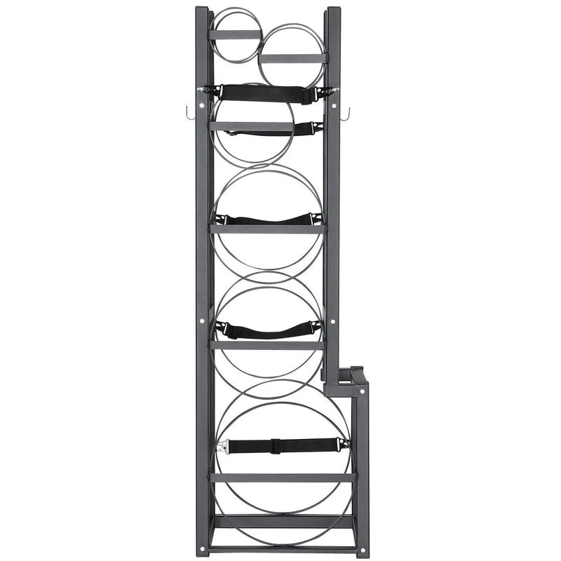 Gāzes konteineru plaukts, ar ietilpību 1 × 22,7 kg, 2 × 13,6 kg un 3 mazi baloni, 39,5 × 33 × 126,5 cm, uzglabāšanai un transportēšanai (Freons, skābeklis, slāpeklis u.c.)