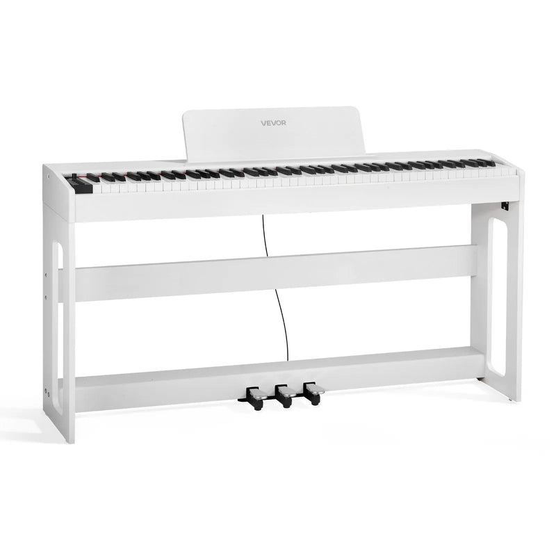 VEVOR digitālā klaviatūra ar 88 pilnsvara taustiņiem, elektriskās klavieres ar statīvu, barošanas adapteri un trīskāršo pedāli, ieraksta funkciju, 280 skaņām un bezvadu savienojumu, baltā krāsā