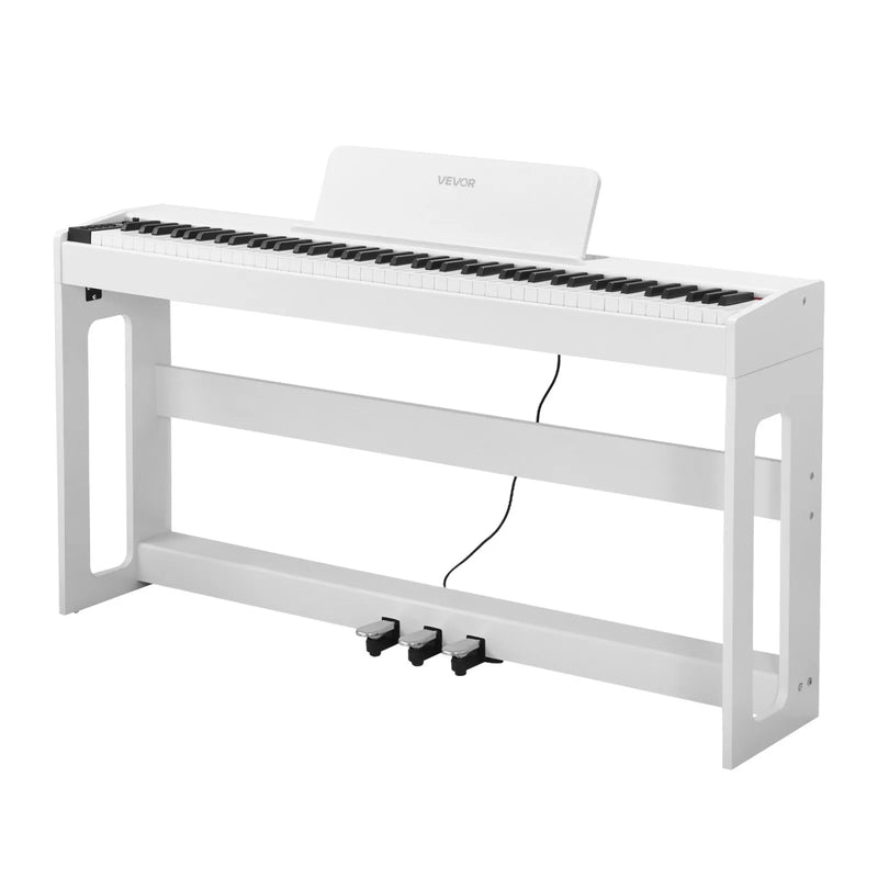 VEVOR digitālā klaviatūra ar 88 pilnsvara taustiņiem, elektriskās klavieres ar statīvu, barošanas adapteri un trīskāršo pedāli, ieraksta funkciju, 280 skaņām un bezvadu savienojumu, baltā krāsā