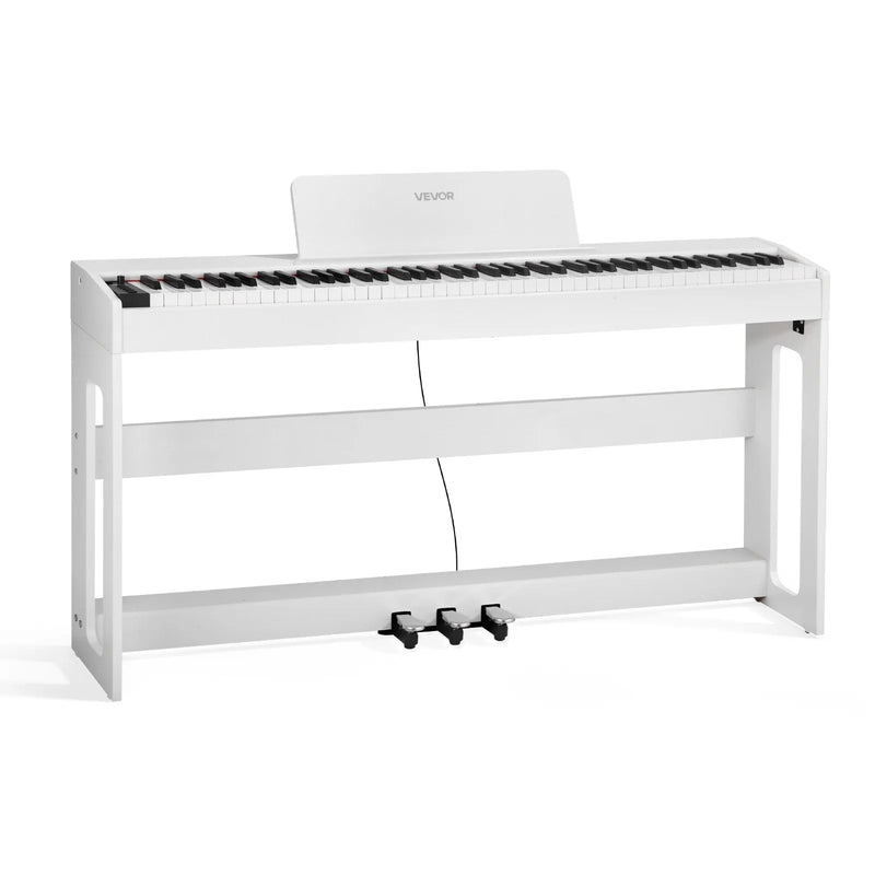 VEVOR digitālā klaviatūra ar 88 pilnsvara taustiņiem, elektriskās klavieres ar statīvu, barošanas adapteri un trīskāršo pedāli, ieraksta funkciju, 280 skaņām un bezvadu savienojumu, baltā krāsā