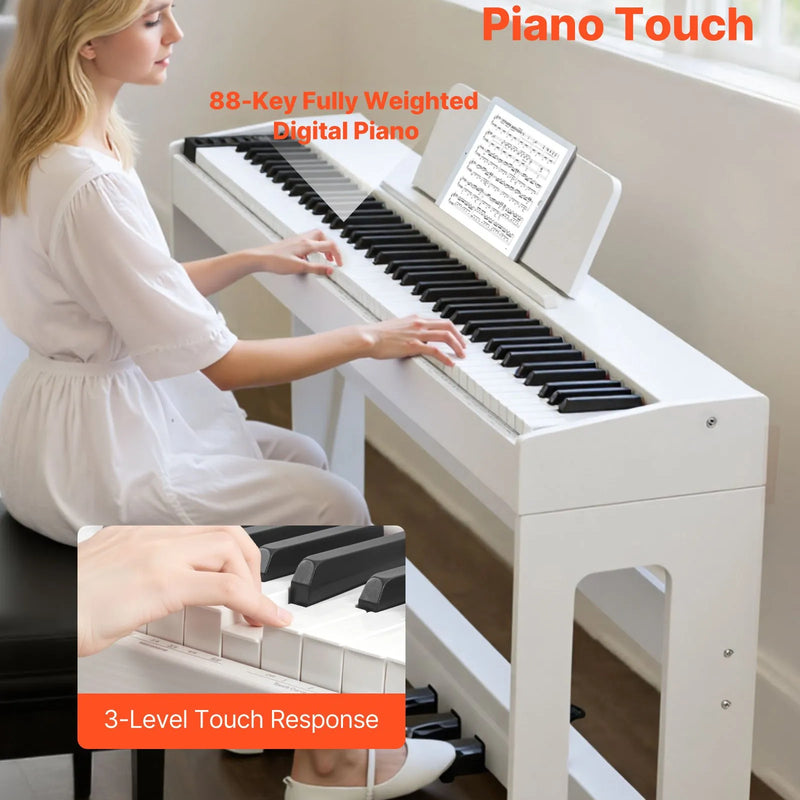 VEVOR digitālā klaviatūra ar 88 pilnsvara taustiņiem, elektriskās klavieres ar statīvu, barošanas adapteri un trīskāršo pedāli, ieraksta funkciju, 280 skaņām un bezvadu savienojumu, baltā krāsā