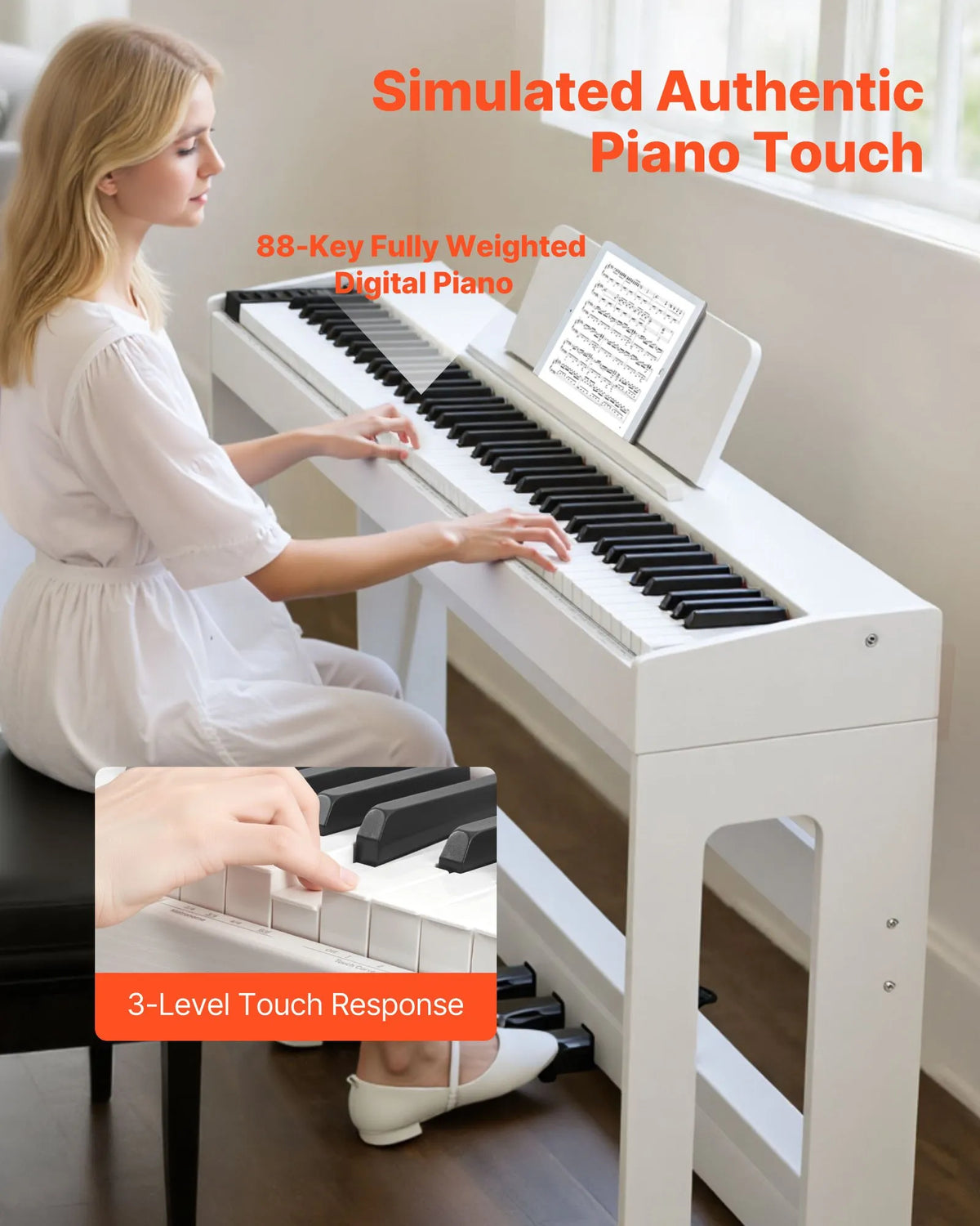VEVOR Digital Piano 88 Weighted Keys with Stand, Triple Pedal and 280 Timbres, White