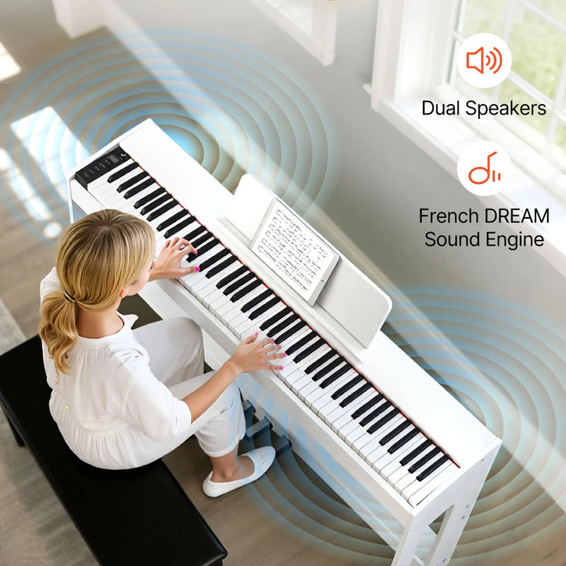 VEVOR digitālā klaviatūra ar 88 pilnsvara taustiņiem, elektriskās klavieres ar statīvu, barošanas adapteri un trīskāršo pedāli, ieraksta funkciju, 280 skaņām un bezvadu savienojumu, baltā krāsā