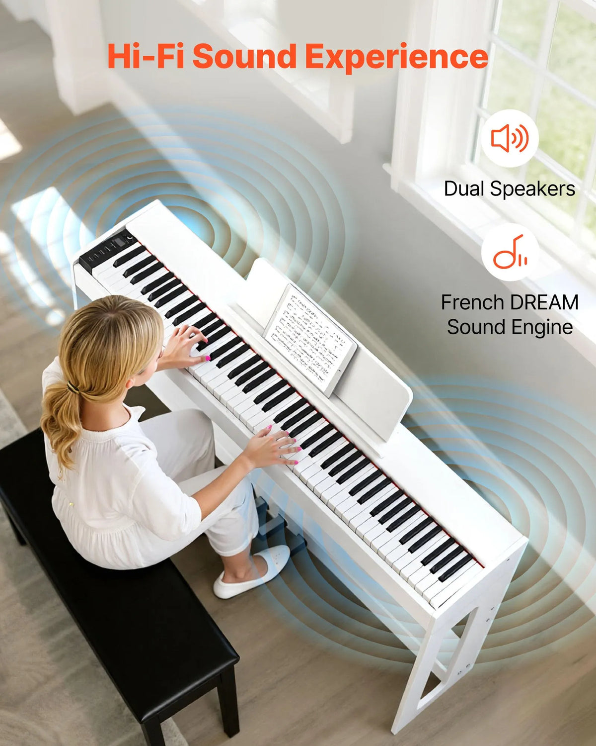 VEVOR Digital Piano 88 Weighted Keys with Stand, Triple Pedal and 280 Timbres, White