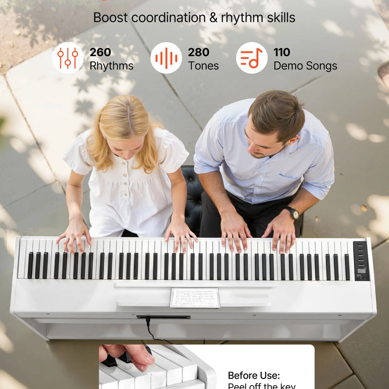 VEVOR digitālā klaviatūra ar 88 pilnsvara taustiņiem, elektriskās klavieres ar statīvu, barošanas adapteri un trīskāršo pedāli, ieraksta funkciju, 280 skaņām un bezvadu savienojumu, baltā krāsā