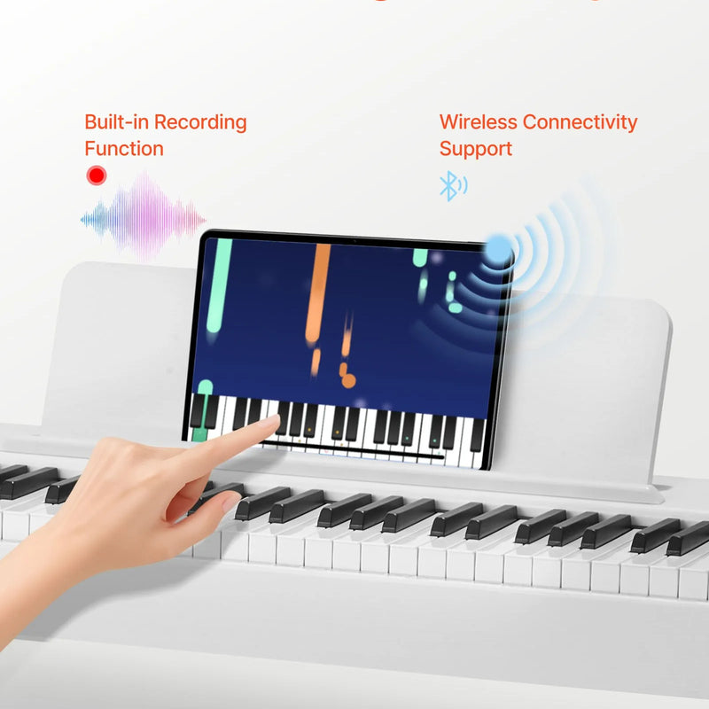 VEVOR digitālā klaviatūra ar 88 pilnsvara taustiņiem, elektriskās klavieres ar statīvu, barošanas adapteri un trīskāršo pedāli, ieraksta funkciju, 280 skaņām un bezvadu savienojumu, baltā krāsā