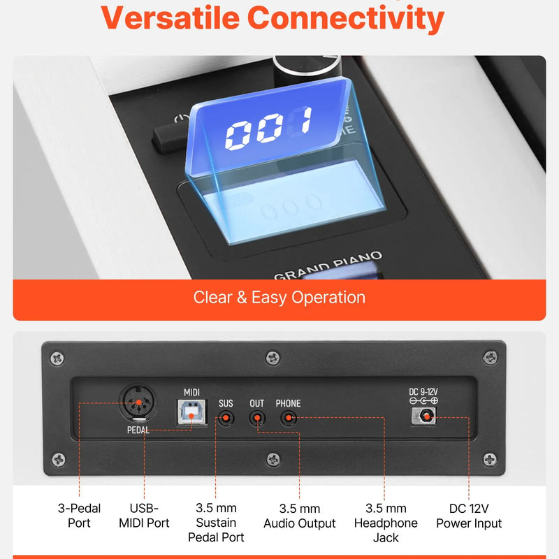 VEVOR digitālā klaviatūra ar 88 pilnsvara taustiņiem, elektriskās klavieres ar statīvu, barošanas adapteri un trīskāršo pedāli, ieraksta funkciju, 280 skaņām un bezvadu savienojumu, baltā krāsā