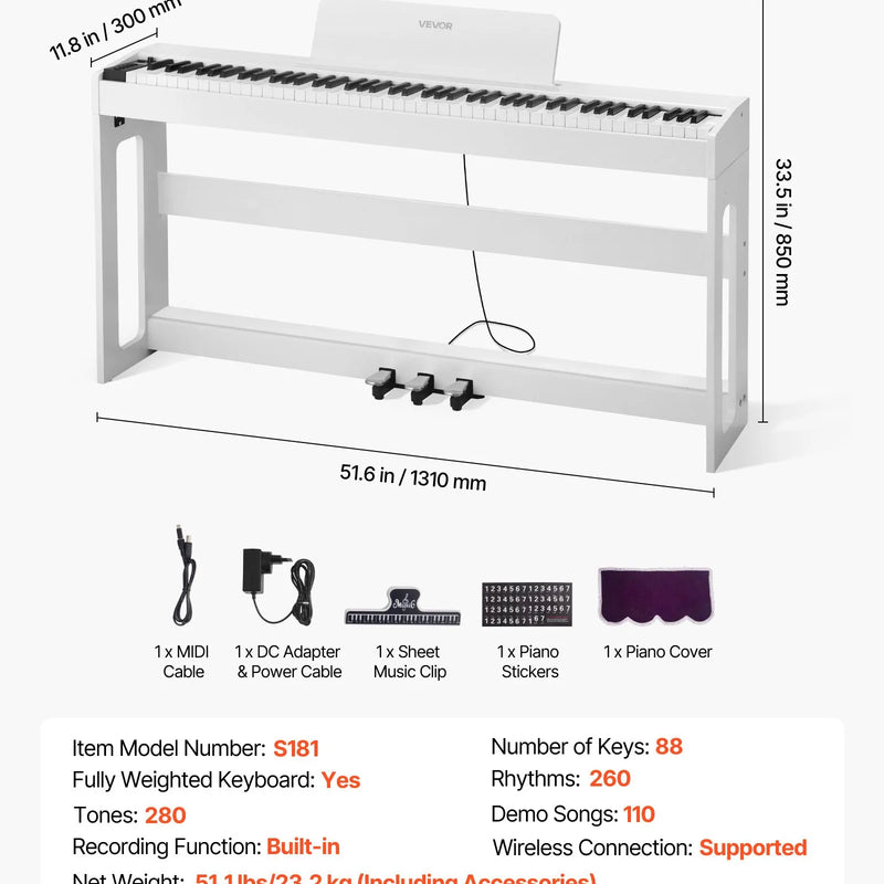 VEVOR digitālā klaviatūra ar 88 pilnsvara taustiņiem, elektriskās klavieres ar statīvu, barošanas adapteri un trīskāršo pedāli, ieraksta funkciju, 280 skaņām un bezvadu savienojumu, baltā krāsā