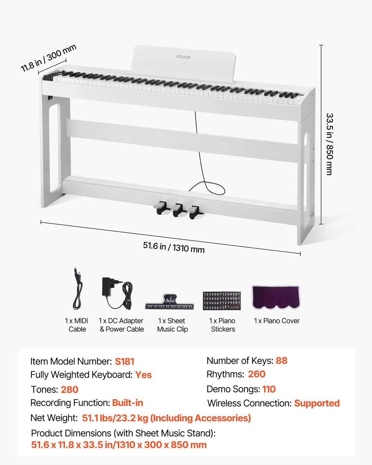 VEVOR Digital Piano 88 Weighted Keys with Stand, Triple Pedal and 280 Timbres, White