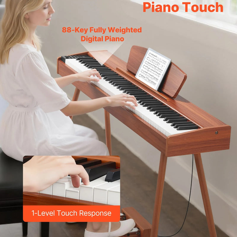 VEVOR digitālā klaviatūra ar 88 pilnsvara taustiņiem, elektriskās klavieres ar nošu statīvu, trīskāršo pedāli un barošanas adapteri, 280 tembriem un bezvadu savienojuma atbalstu, iesācējiem, koka krāsā