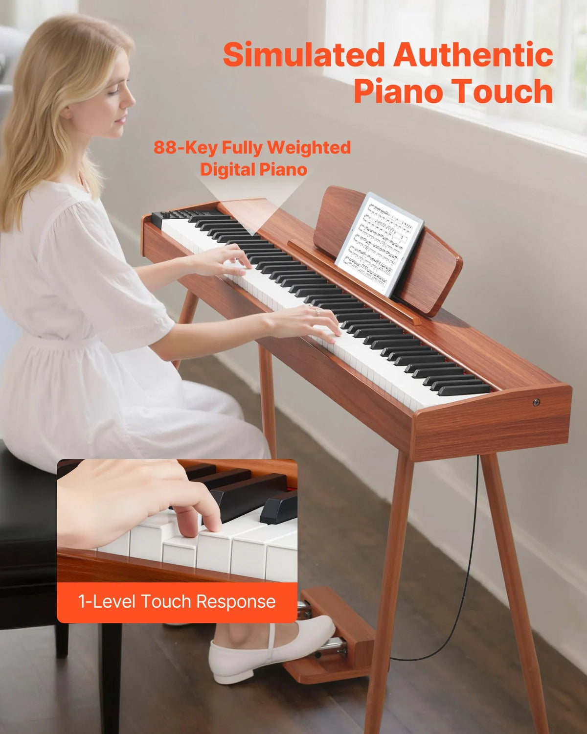 VEVOR Digital Piano 88 Weighted Keys with Music Stand, Triple Pedal and 280 Timbres, Wood Colour