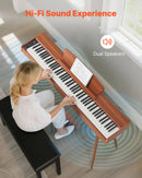 VEVOR digitālā klaviatūra ar 88 pilnsvara taustiņiem, elektriskās klavieres ar nošu statīvu, trīskāršo pedāli un barošanas adapteri, 280 tembriem un bezvadu savienojuma atbalstu, iesācējiem, koka krāsā