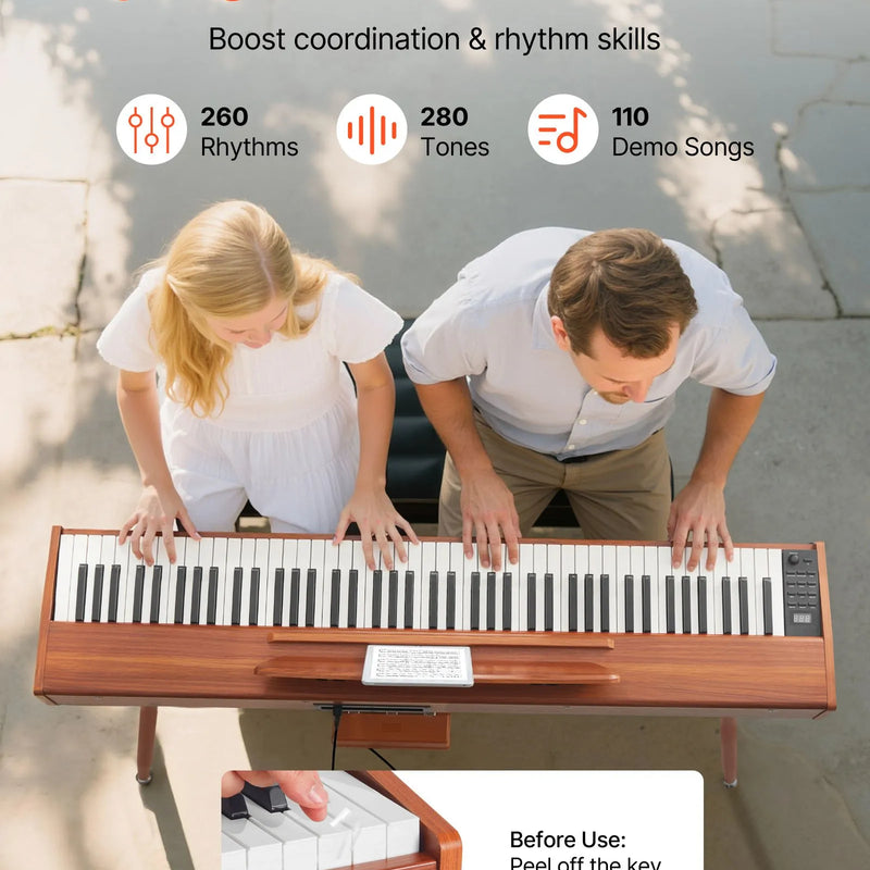 VEVOR digitālā klaviatūra ar 88 pilnsvara taustiņiem, elektriskās klavieres ar nošu statīvu, trīskāršo pedāli un barošanas adapteri, 280 tembriem un bezvadu savienojuma atbalstu, iesācējiem, koka krāsā