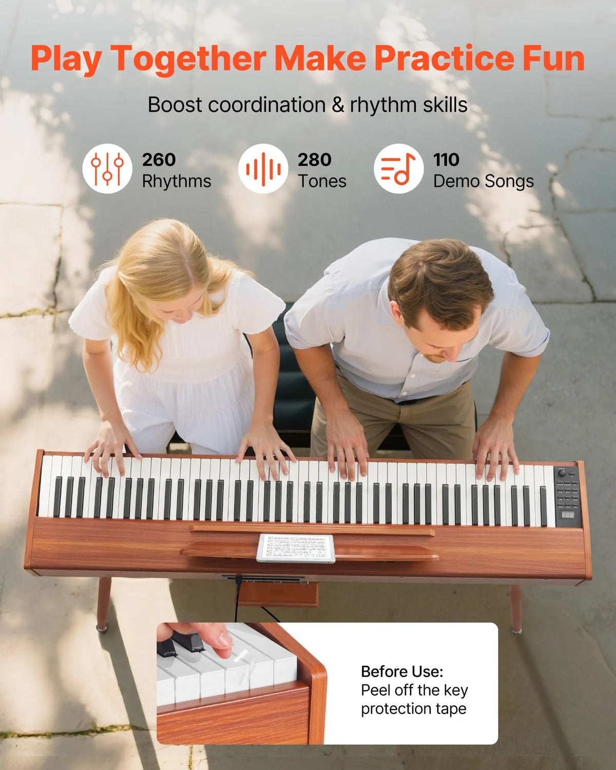 VEVOR Digital Piano 88 Weighted Keys with Music Stand, Triple Pedal and 280 Timbres, Wood Colour