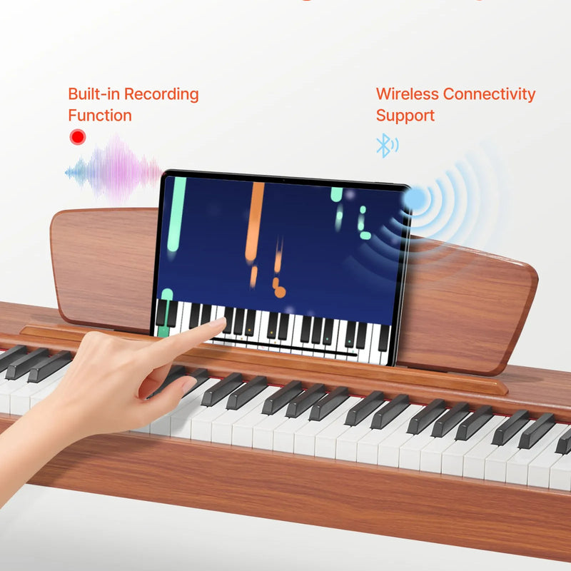 VEVOR digitālā klaviatūra ar 88 pilnsvara taustiņiem, elektriskās klavieres ar nošu statīvu, trīskāršo pedāli un barošanas adapteri, 280 tembriem un bezvadu savienojuma atbalstu, iesācējiem, koka krāsā
