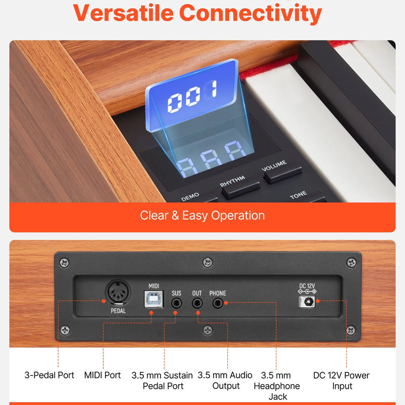 VEVOR digitālā klaviatūra ar 88 pilnsvara taustiņiem, elektriskās klavieres ar nošu statīvu, trīskāršo pedāli un barošanas adapteri, 280 tembriem un bezvadu savienojuma atbalstu, iesācējiem, koka krāsā
