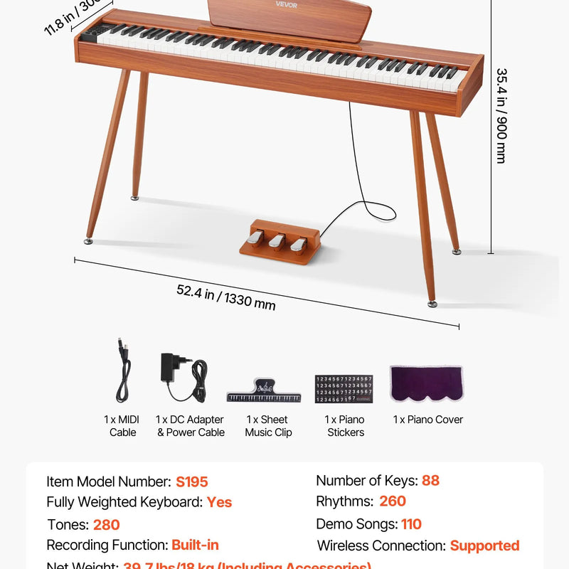 VEVOR digitālā klaviatūra ar 88 pilnsvara taustiņiem, elektriskās klavieres ar nošu statīvu, trīskāršo pedāli un barošanas adapteri, 280 tembriem un bezvadu savienojuma atbalstu, iesācējiem, koka krāsā