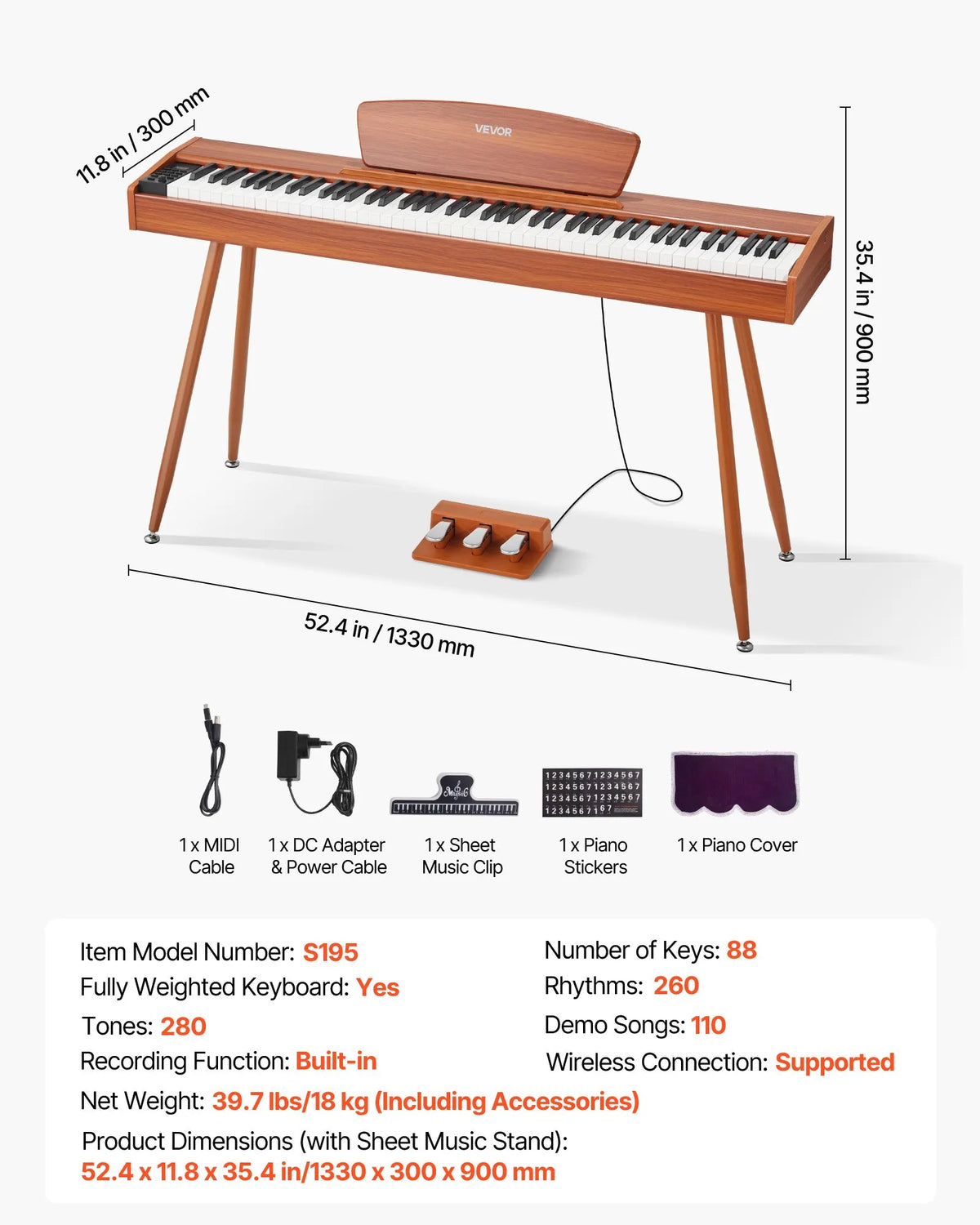 VEVOR Digital Piano 88 Weighted Keys with Music Stand, Triple Pedal and 280 Timbres, Wood Colour