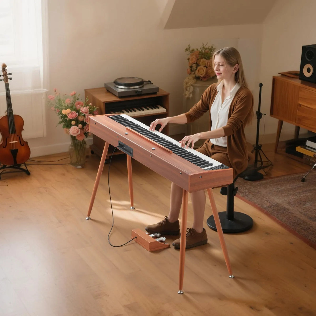 VEVOR Digital Piano 88 Weighted Keys with Music Stand, Triple Pedal and 280 Timbres, Wood Colour