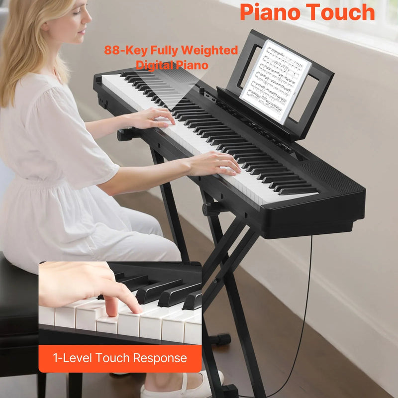 VEVOR digitālā klaviatūra ar 88 pilnsvara taustiņiem, elektriskās klavieres ar divkāršo klaviatūras režīmu un iebūvētiem skaļruņiem, X statīvu, sustain pedāli, ieraksta funkciju, 280 tembriem un bezvadu savienojumu, iesācējiem, melnā krāsā