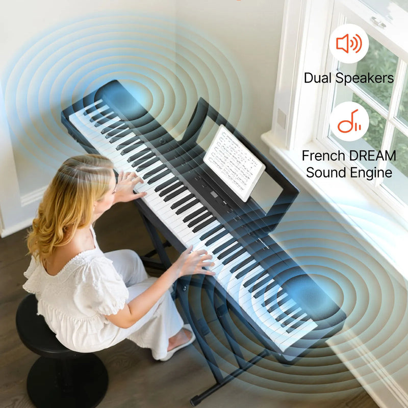 VEVOR digitālā klaviatūra ar 88 pilnsvara taustiņiem, elektriskās klavieres ar divkāršo klaviatūras režīmu un iebūvētiem skaļruņiem, X statīvu, sustain pedāli, ieraksta funkciju, 280 tembriem un bezvadu savienojumu, iesācējiem, melnā krāsā