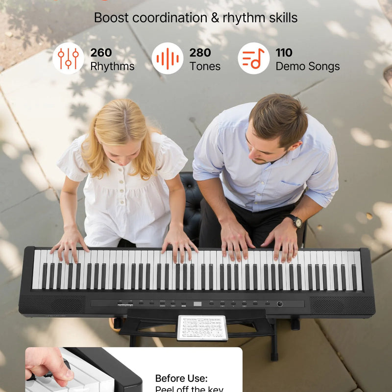 VEVOR digitālā klaviatūra ar 88 pilnsvara taustiņiem, elektriskās klavieres ar divkāršo klaviatūras režīmu un iebūvētiem skaļruņiem, X statīvu, sustain pedāli, ieraksta funkciju, 280 tembriem un bezvadu savienojumu, iesācējiem, melnā krāsā