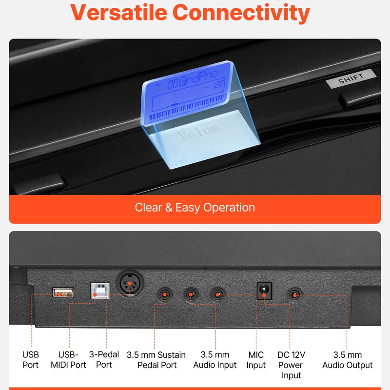 VEVOR digitālā klaviatūra ar 88 pilnsvara taustiņiem, elektriskās klavieres ar divkāršo klaviatūras režīmu un iebūvētiem skaļruņiem, X statīvu, sustain pedāli, ieraksta funkciju, 280 tembriem un bezvadu savienojumu, iesācējiem, melnā krāsā