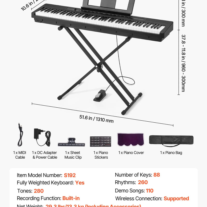 VEVOR digitālā klaviatūra ar 88 pilnsvara taustiņiem, elektriskās klavieres ar divkāršo klaviatūras režīmu un iebūvētiem skaļruņiem, X statīvu, sustain pedāli, ieraksta funkciju, 280 tembriem un bezvadu savienojumu, iesācējiem, melnā krāsā