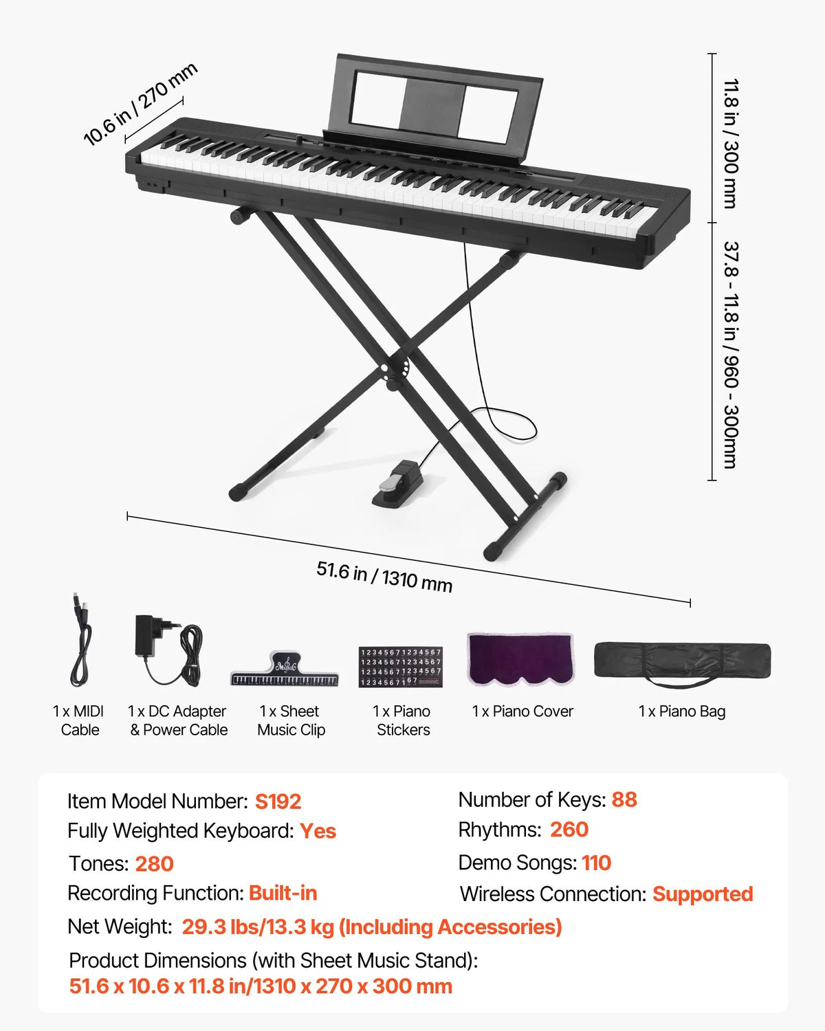 VEVOR Digital Piano 88 Weighted Keys with Speakers, X Stand, Sustain Pedal and 280 Timbres, Black