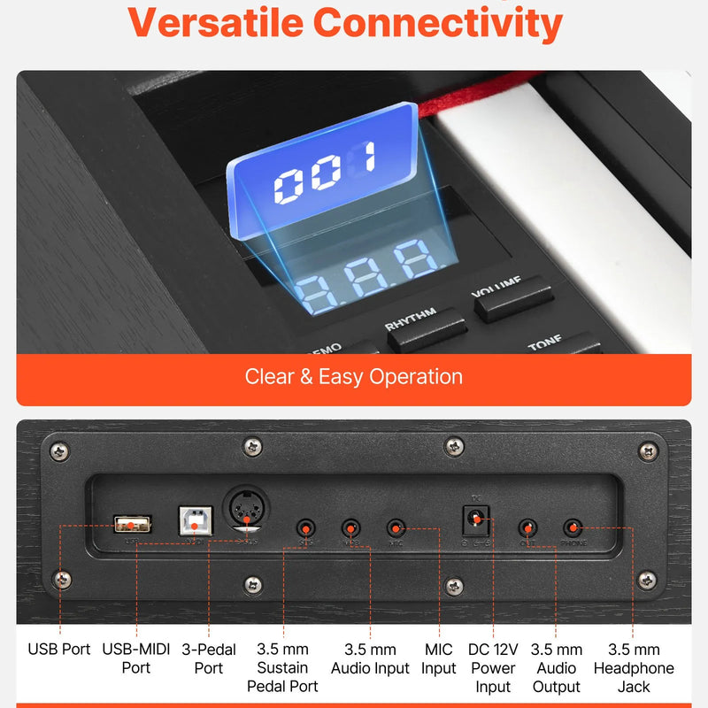 VEVOR digitālās klavieres ar 88 pilnsvara taustiņiem, dubulto klaviatūru un skaļruņiem, ar sustain pedāli un ieraksta funkciju, 238 toņi, bezvadu savienojums, bez statīva
