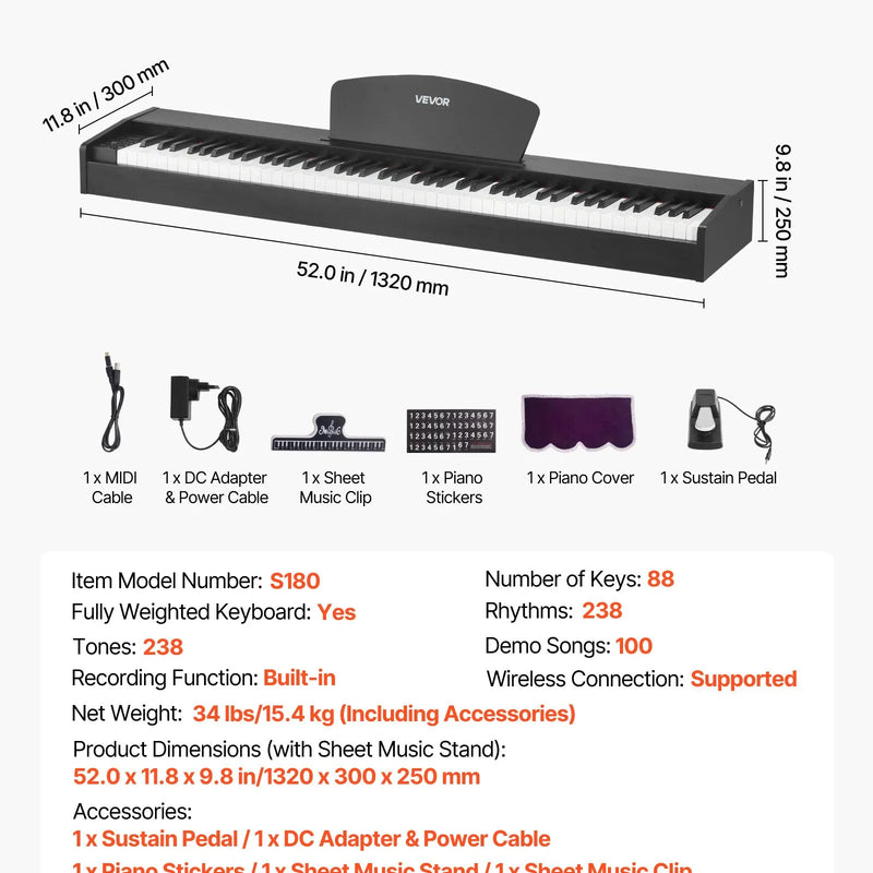 VEVOR digitālās klavieres ar 88 pilnsvara taustiņiem, dubulto klaviatūru un skaļruņiem, ar sustain pedāli un ieraksta funkciju, 238 toņi, bezvadu savienojums, bez statīva