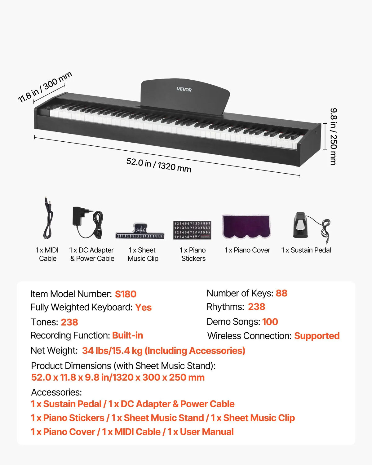 VEVOR Digital Piano 88 Weighted Keys with Speakers, Sustain Pedal and 238 Tones, Without Stand