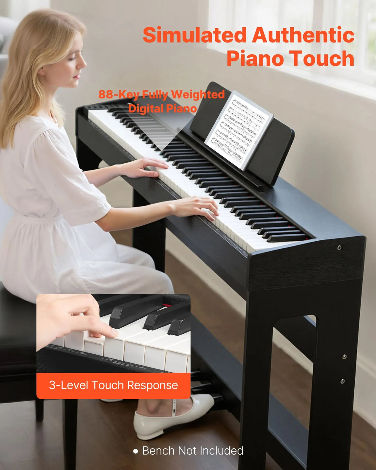 VEVOR Digital Piano 88 Weighted Keys with Furniture Stand, Triple Pedal and 280 Timbres, Black