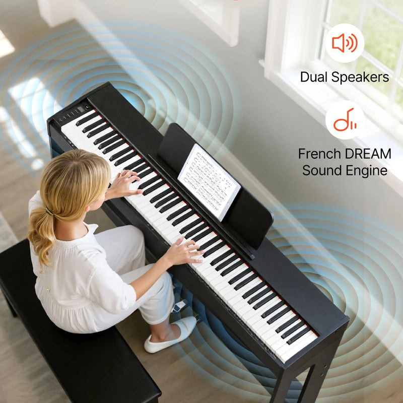 VEVOR digitālā klaviatūra ar 88 pilnsvara taustiņiem, elektriskās klavieres ar mēbeļu statīvu, barošanas adapteri, trīskāršo pedāli, ieraksta funkciju, 280 tembriem un bezvadu savienojumu, iesācējiem, melnā krāsā