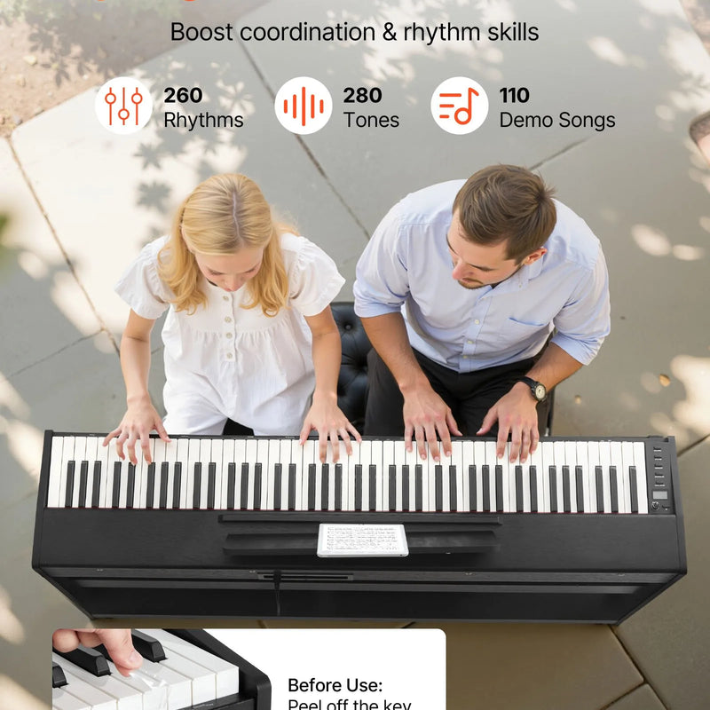 VEVOR digitālā klaviatūra ar 88 pilnsvara taustiņiem, elektriskās klavieres ar mēbeļu statīvu, barošanas adapteri, trīskāršo pedāli, ieraksta funkciju, 280 tembriem un bezvadu savienojumu, iesācējiem, melnā krāsā