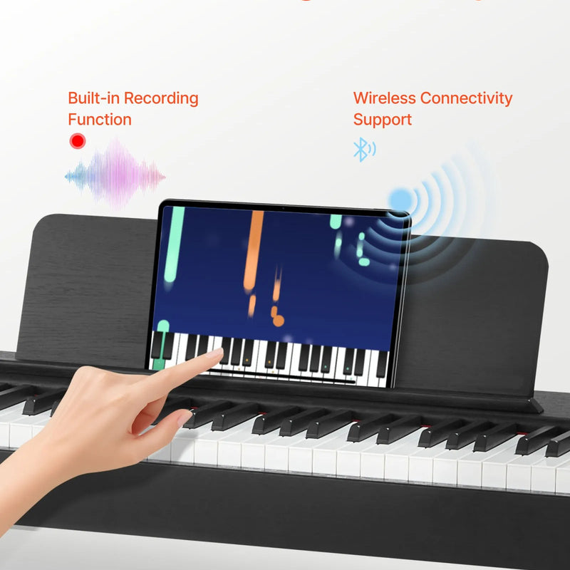 VEVOR digitālā klaviatūra ar 88 pilnsvara taustiņiem, elektriskās klavieres ar mēbeļu statīvu, barošanas adapteri, trīskāršo pedāli, ieraksta funkciju, 280 tembriem un bezvadu savienojumu, iesācējiem, melnā krāsā