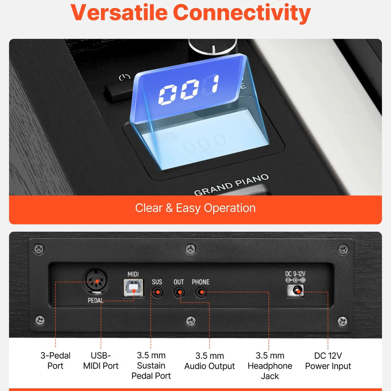VEVOR digitālā klaviatūra ar 88 pilnsvara taustiņiem, elektriskās klavieres ar mēbeļu statīvu, barošanas adapteri, trīskāršo pedāli, ieraksta funkciju, 280 tembriem un bezvadu savienojumu, iesācējiem, melnā krāsā