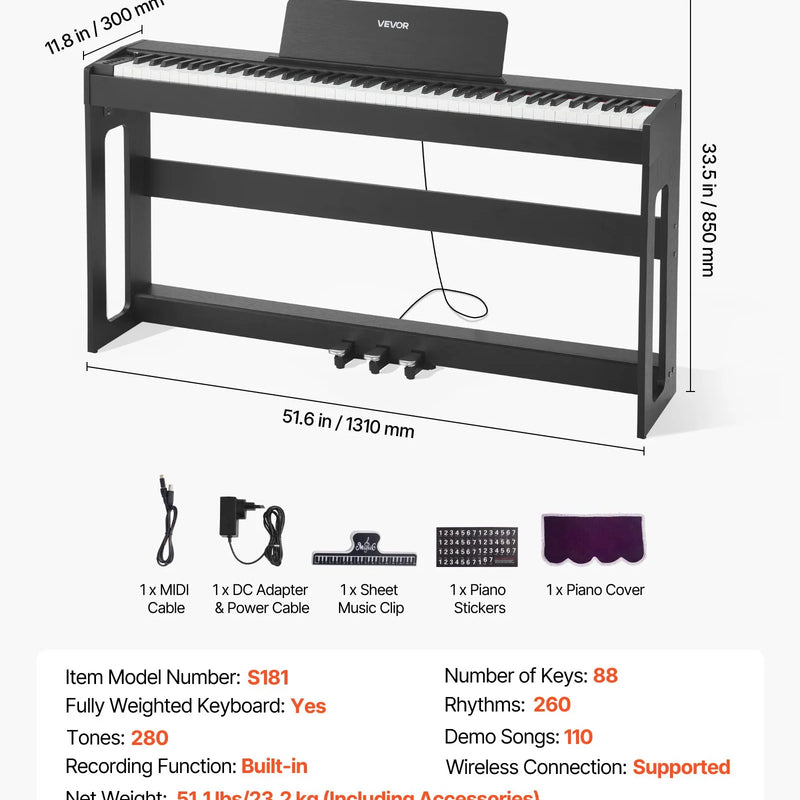 VEVOR digitālā klaviatūra ar 88 pilnsvara taustiņiem, elektriskās klavieres ar mēbeļu statīvu, barošanas adapteri, trīskāršo pedāli, ieraksta funkciju, 280 tembriem un bezvadu savienojumu, iesācējiem, melnā krāsā