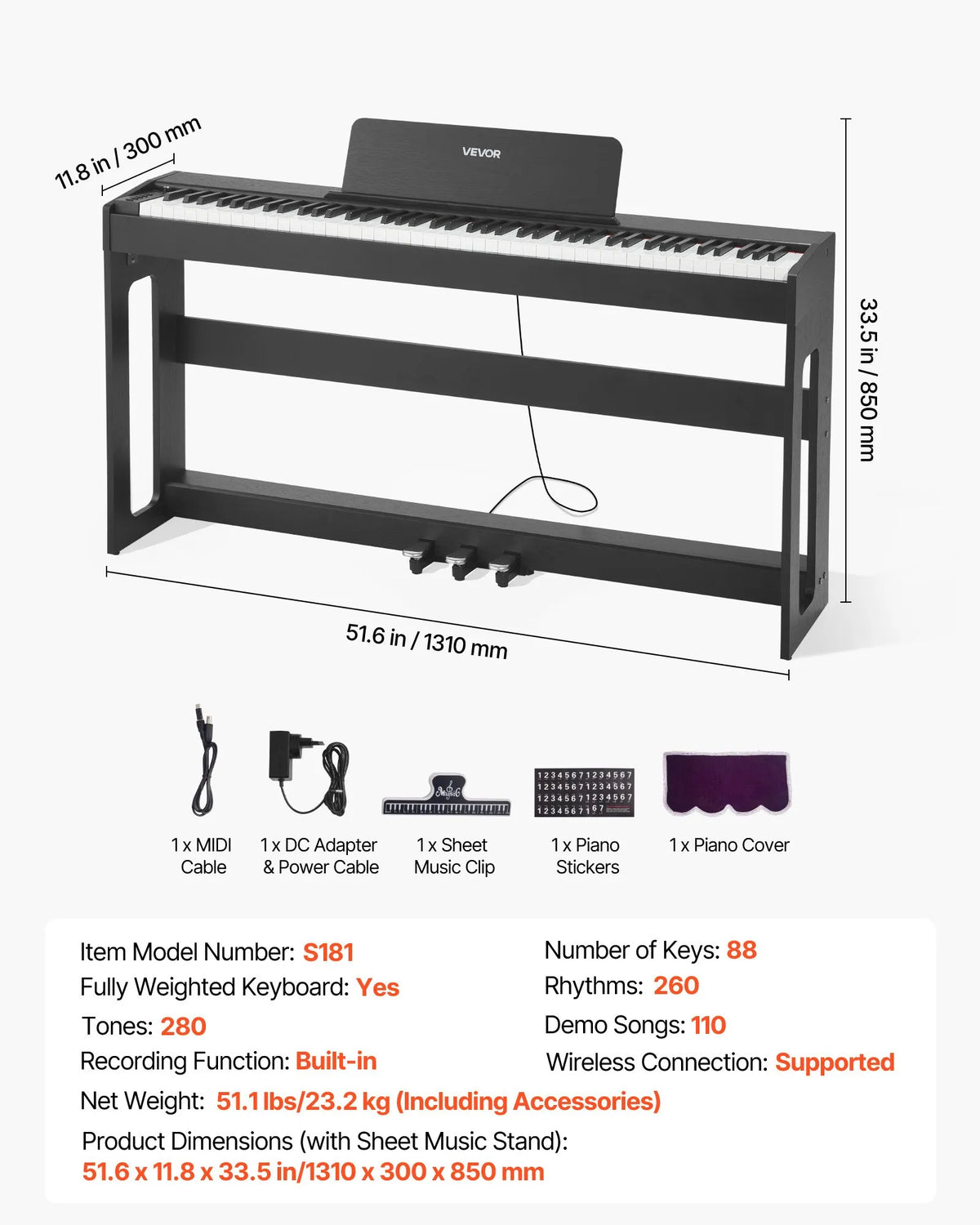 VEVOR Digital Piano 88 Weighted Keys with Furniture Stand, Triple Pedal and 280 Timbres, Black