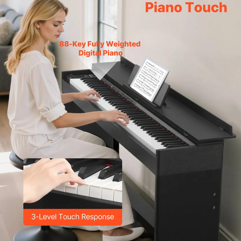 VEVOR digitālās klavieres ar 88 pilnsvara taustiņiem, statīvu, trīspedāli, barošanas adapteri un austiņām, 680 toņi, bezvadu savienojums, iesācējiem